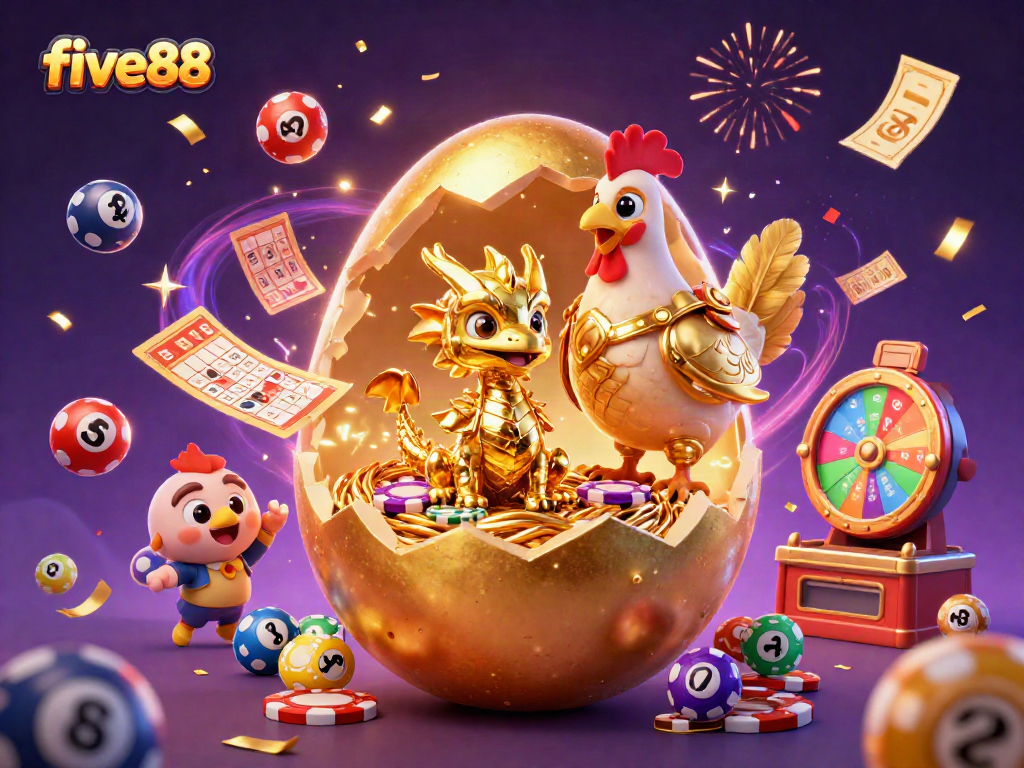 Win big at five88 with a dazzling illustration of a golden dragon, poker chips, and dynamic lottery elements.