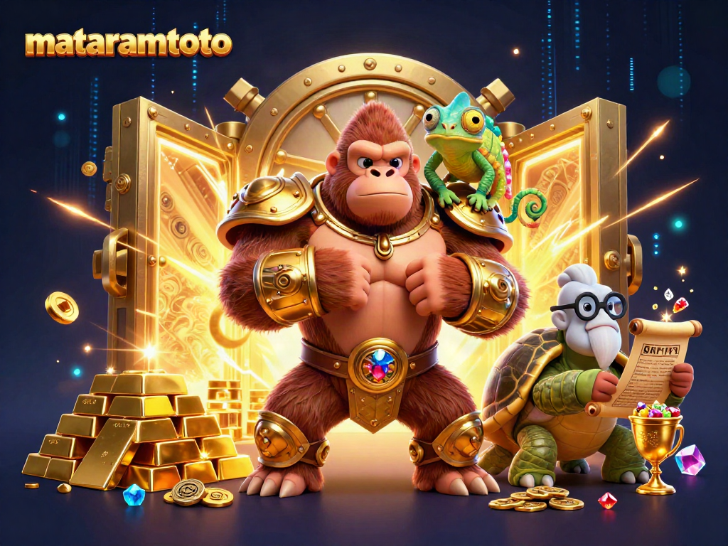 Experience the thrill of mataramtoto with a powerful gorilla king in a dynamic casino scene, celebrating victories.