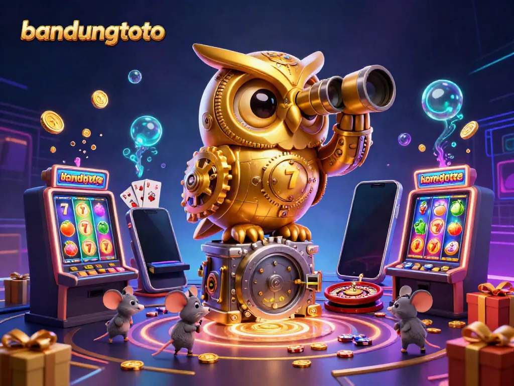 Engage with the bandungtoto slots as a golden owl guards the casino floor surrounded by vibrant game elements.