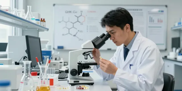 Researcher analyzing GHK-Cu capsules in a modern laboratory setting.
