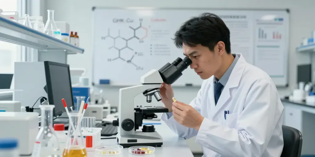 Researcher analyzing GHK-Cu capsules in a modern laboratory setting.