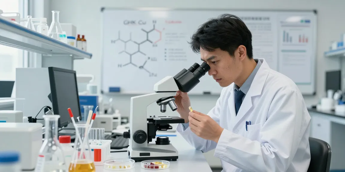 Researcher analyzing GHK-Cu capsules in a modern laboratory setting.