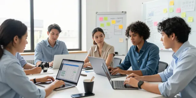 Small business team discussing how to find an SEO expert for a small business in a collaborative workspace.