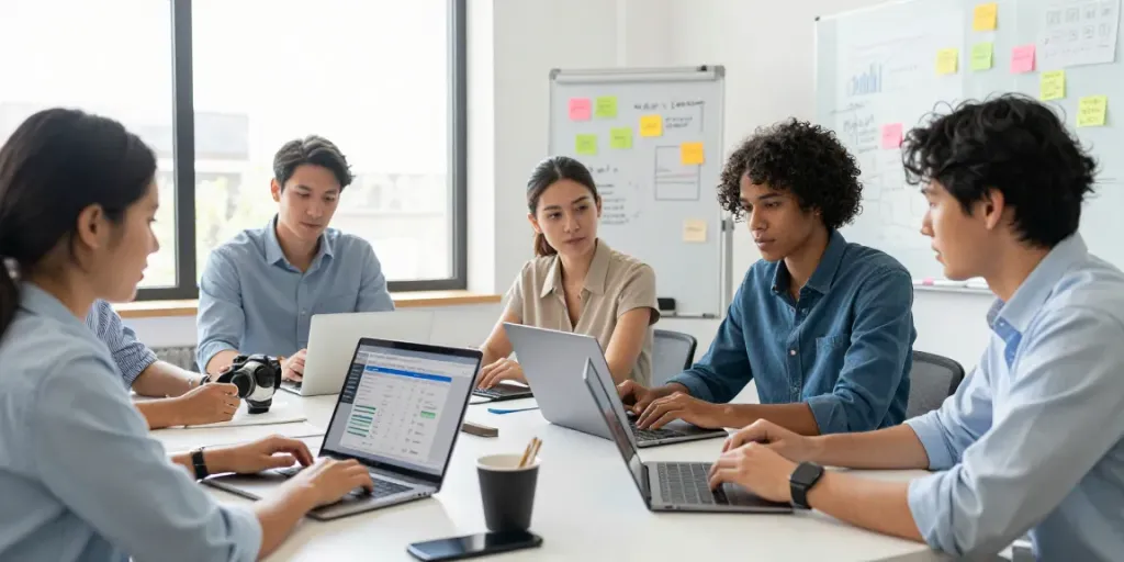 Small business team discussing how to find an SEO expert for a small business in a collaborative workspace.