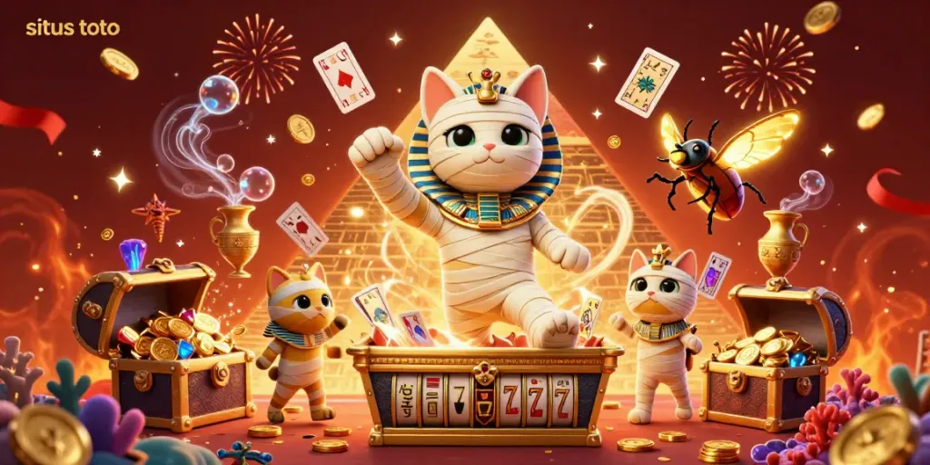Experience situs toto with vibrant gaming action featuring a golden sarcophagus and animated Egyptian characters.