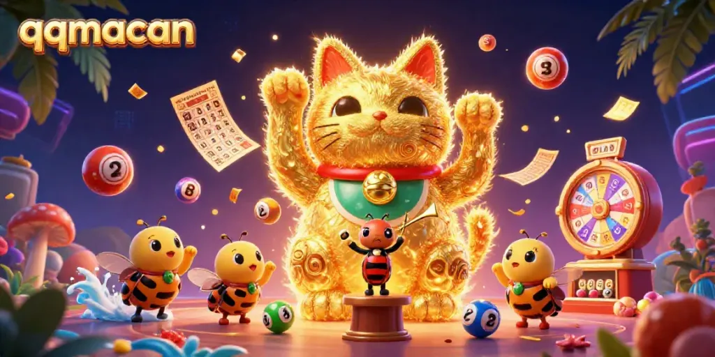 Engage with qqmacan's vibrant casino atmosphere featuring a lucky cat and dynamic gaming elements.