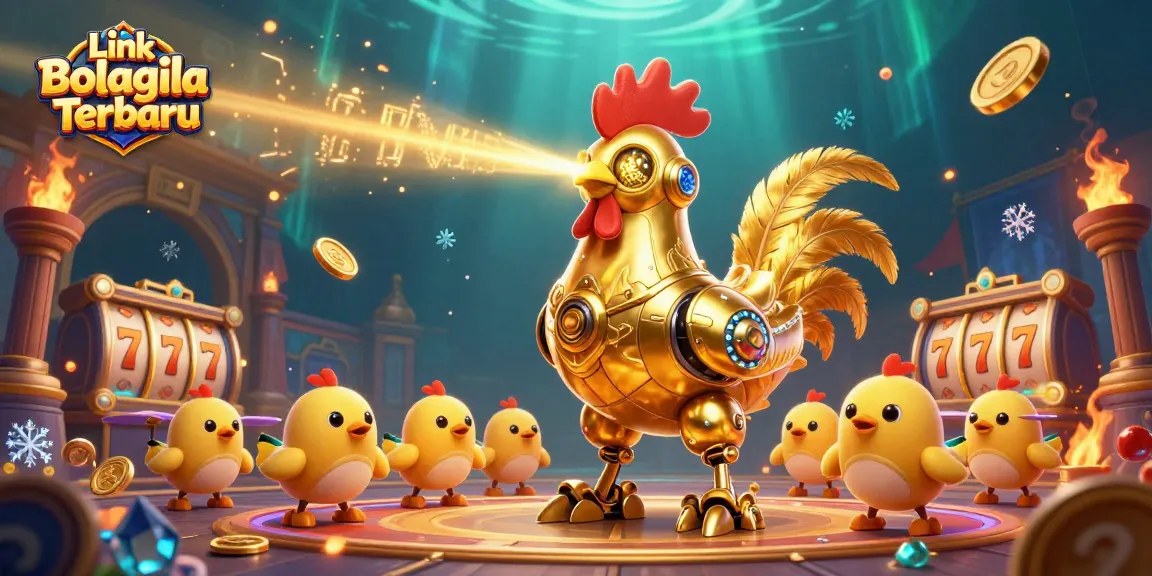 Experience thrilling wins with Link Bolagila Terbaru as a golden rooster robot leads baby chick drones in an exciting 3D gambling scene.