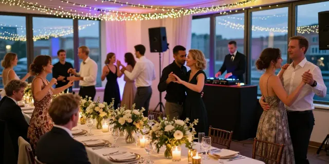 hochzeit DJ berlin brandenburg wedding guests dancing joyfully in a stylish venue