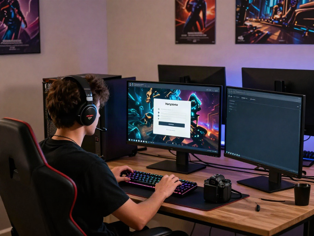 User engaged in Hargatoto login process at a vibrant gaming setup.