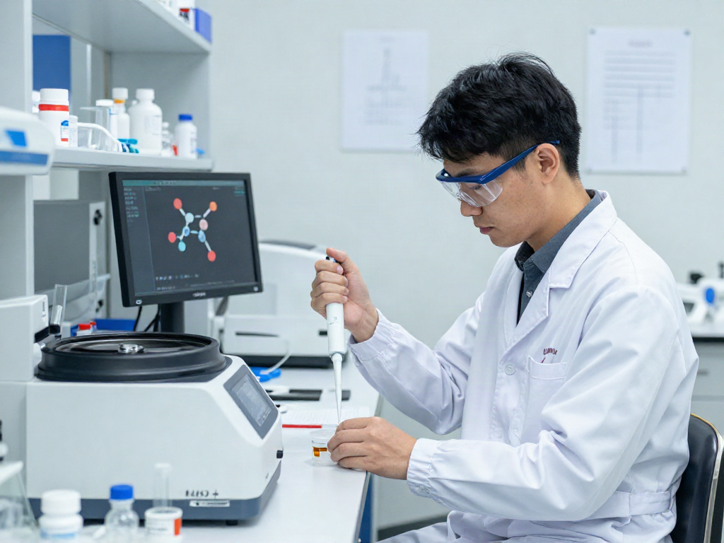 NAD+ peptide research in laboratory with researcher measuring compounds.