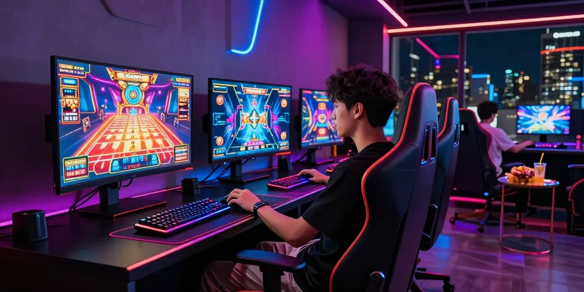 Suasana gaming mewah dengan layar besar dan pencahayaan RGB, luxury111.