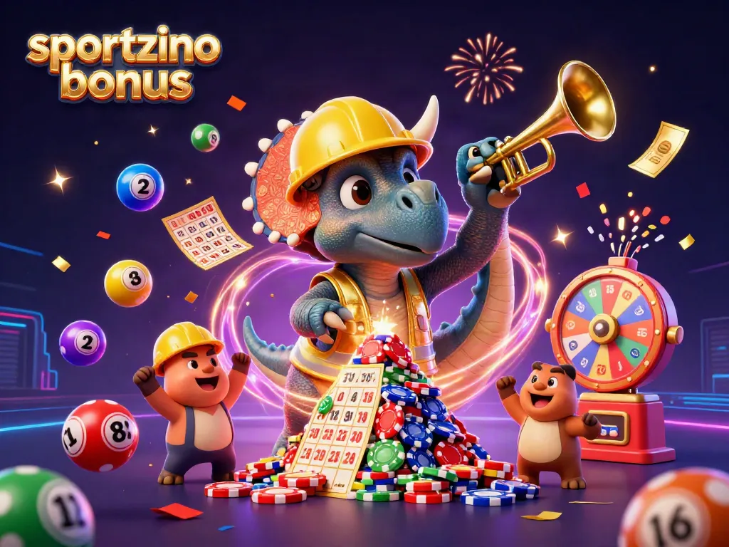 Claim the sportzino bonus while celebrating with vibrant casino-themed characters and elements.