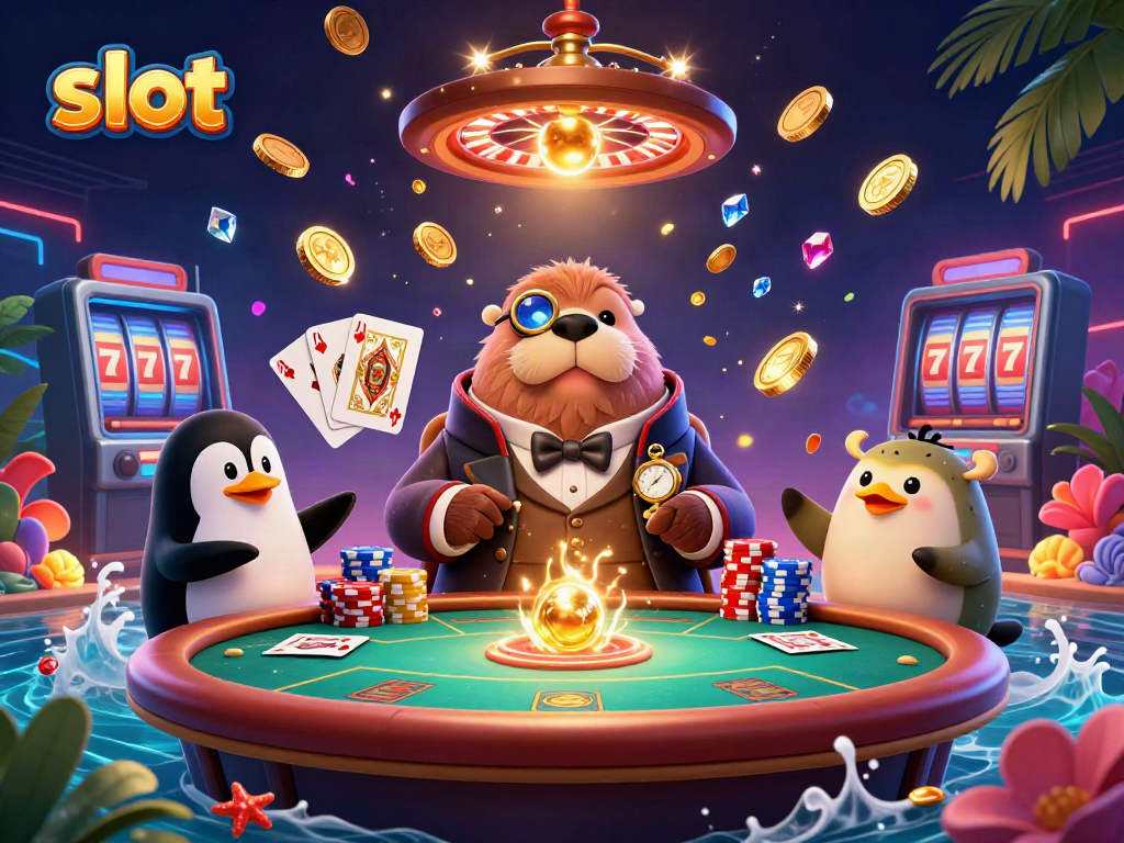 Engage in thrilling slot gaming with a cartoon walrus and friends at an underwater poker table.