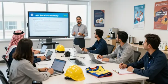 Training Institute Saudi Arabia session on HSE practices with diverse trainees and engaging instructor.