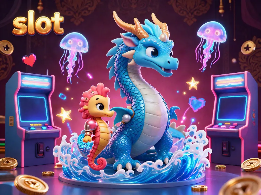 Slot menampilkan naga air biru 3D dan kuda laut bersenjata, dikelilingi mesin permainan.