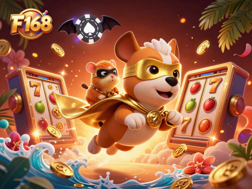 Experience thrilling fun at F 168 with our explosive casino illustration featuring a superhero dog and slot reels.