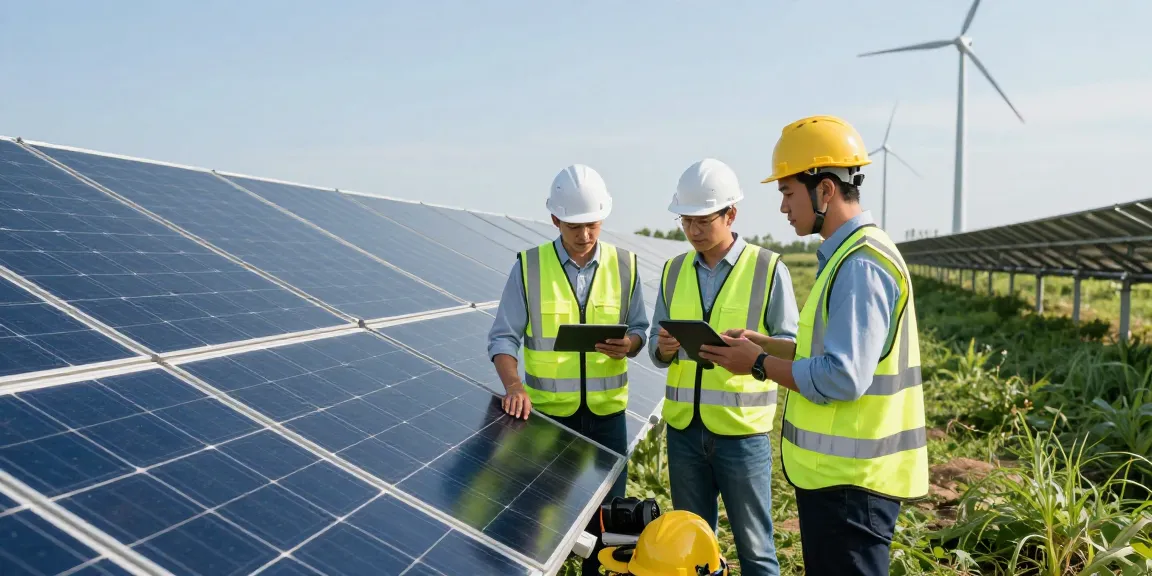 Renewable energy collaboration at saffirerenewables solar farm, engineers discussing metrics.