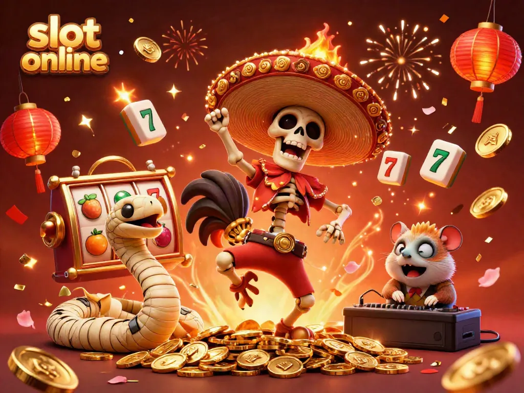 Spin and celebrate the charm of slot online with cartoon characters amidst festive gold coins.