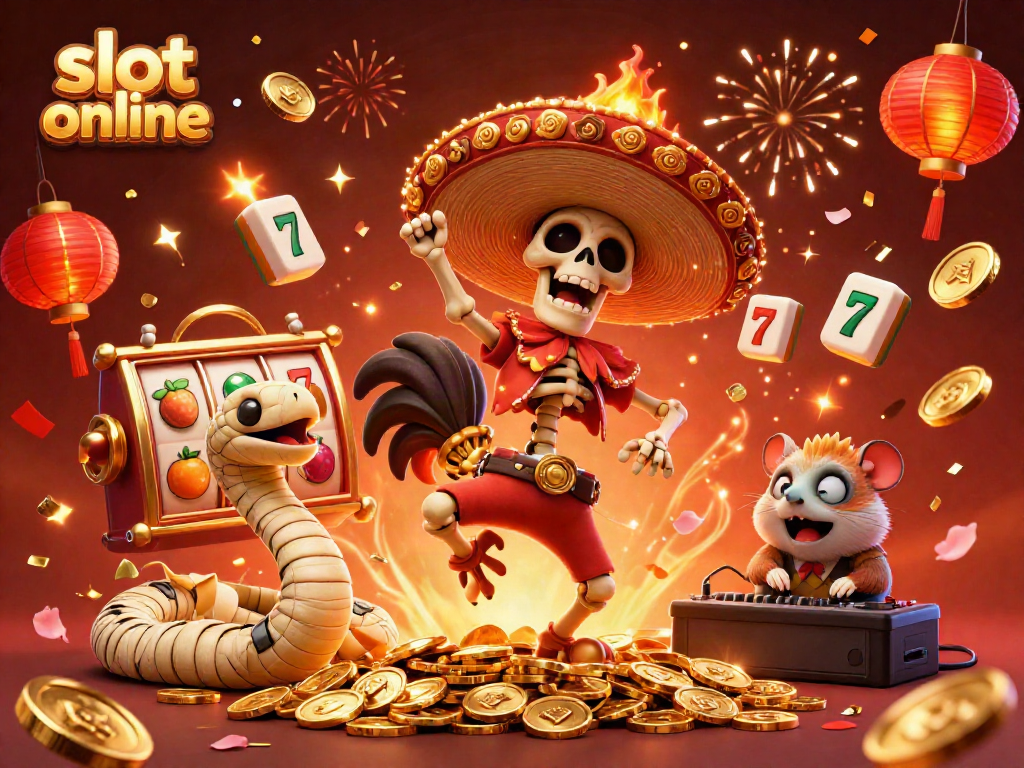 Spin and celebrate the charm of slot online with cartoon characters amidst festive gold coins.