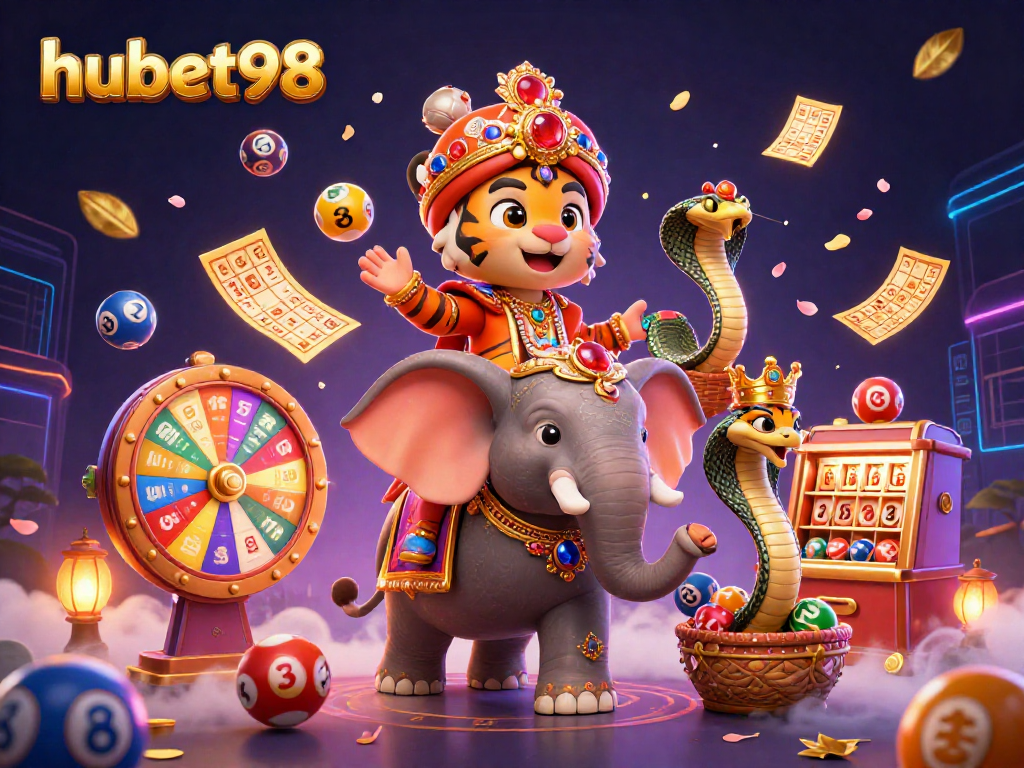 Experience the excitement of hubet98 with vibrant lottery elements and engaging gaming characters.