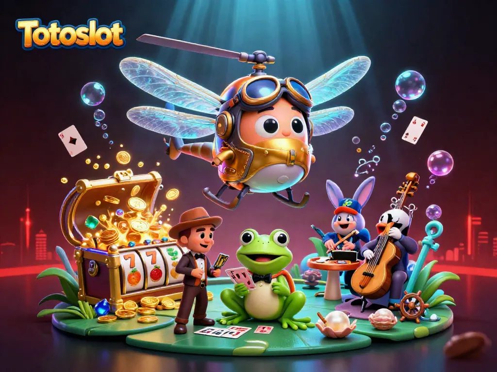Gambarlah Totoslot dengan karakter croupier frog dan pemain yang bersemangat di kasino terkemuka.