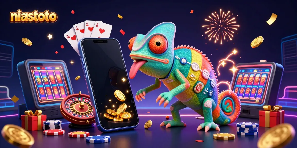 Experience niastoto's vibrant casino scene with a colorful chameleon and gaming elements.