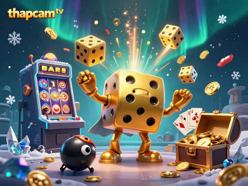 Engaging thapcamtv scene showcasing a golden dice golem amidst slot games and coin explosions