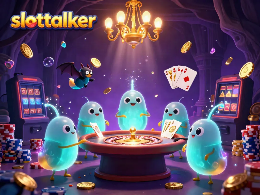 Experience the excitement at slottalker with glimmering glowworms lighting a vibrant cave casino scene filled with slots and cards.