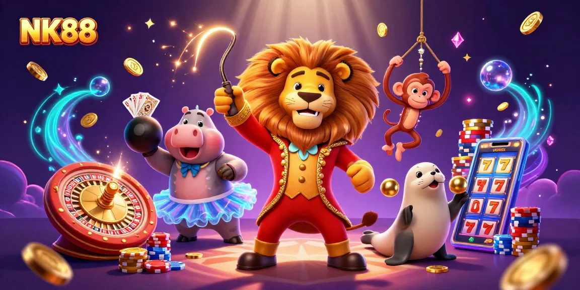 Engage with NK88's vibrant casino scene featuring joyful characters and rich gaming elements.