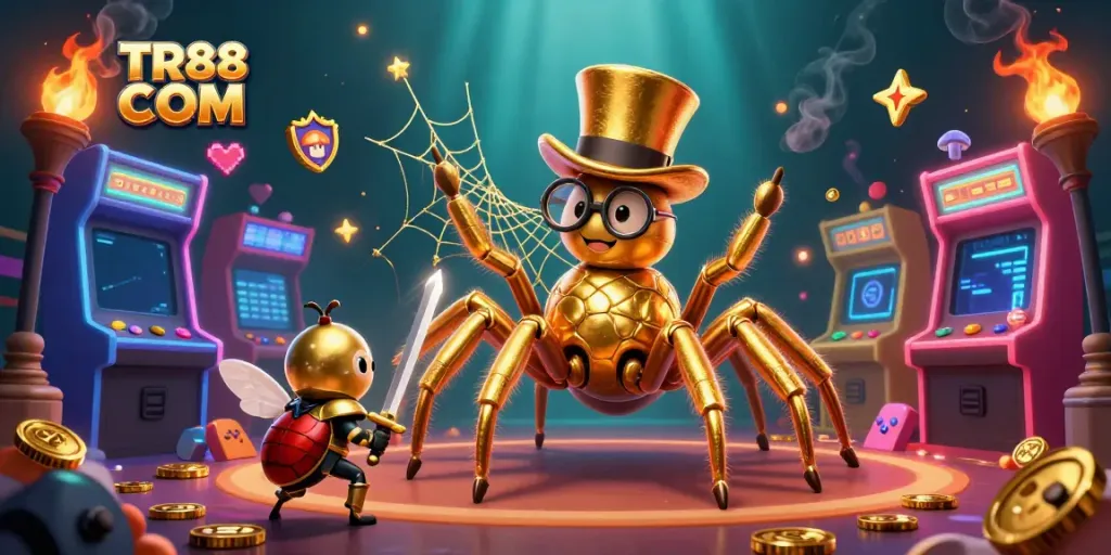 Experience gaming excitement at TR88 COM with a golden spider and beetle knight in a vibrant casino scene