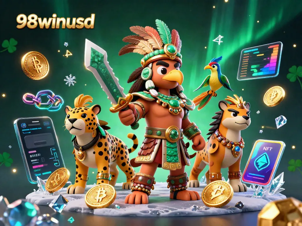 Experience the vibrant and dynamic gaming world of 98winusd with 3D characters surrounded by crypto coins and casino elements.