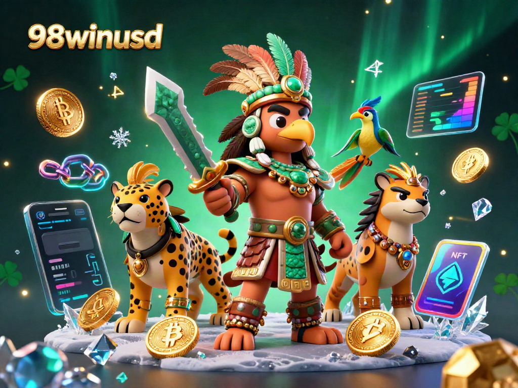 Experience the vibrant and dynamic gaming world of 98winusd with 3D characters surrounded by crypto coins and casino elements.