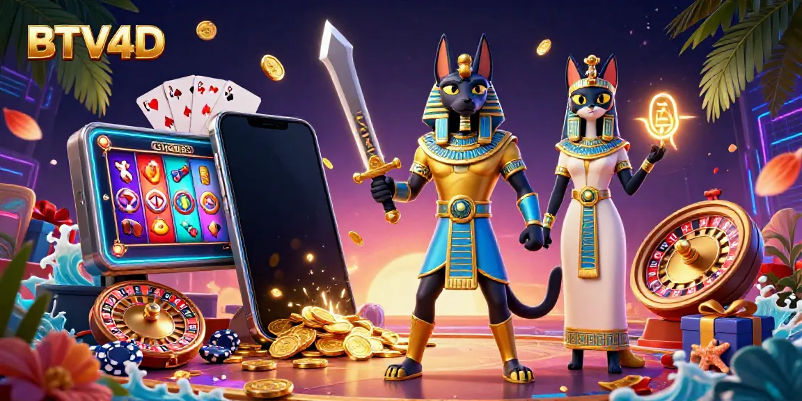 Menggali kemenangan dengan BTV4D, ikon Mesir kuno Anubis dan Bastet dikelilingi elemen slot kasino interaktif.