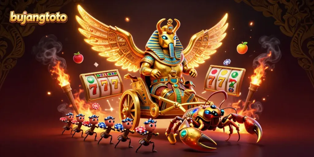 Join the excitement with bujangtoto as a golden scarab beetle leads a thrilling casino game adventure.