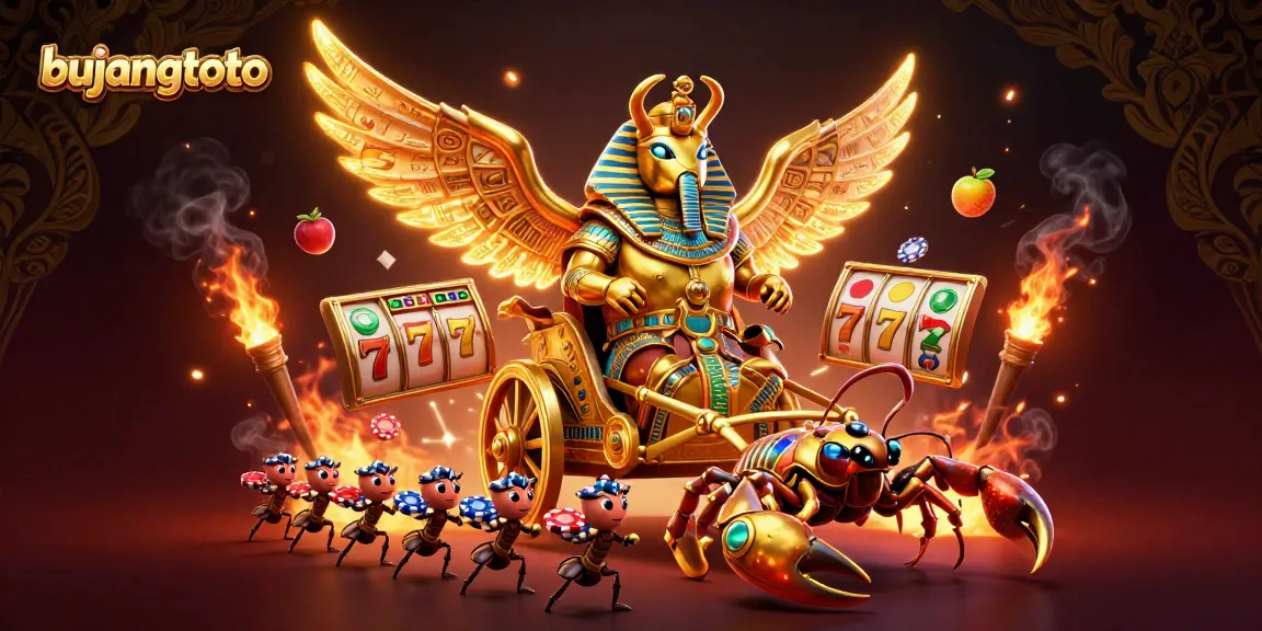 Join the excitement with bujangtoto as a golden scarab beetle leads a thrilling casino game adventure.
