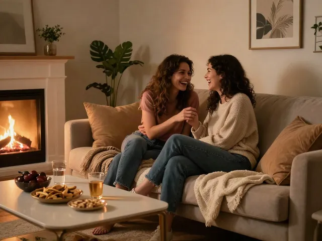 Emotional connection captured in a cozy living room scene of two women enjoying lesbian porn together.