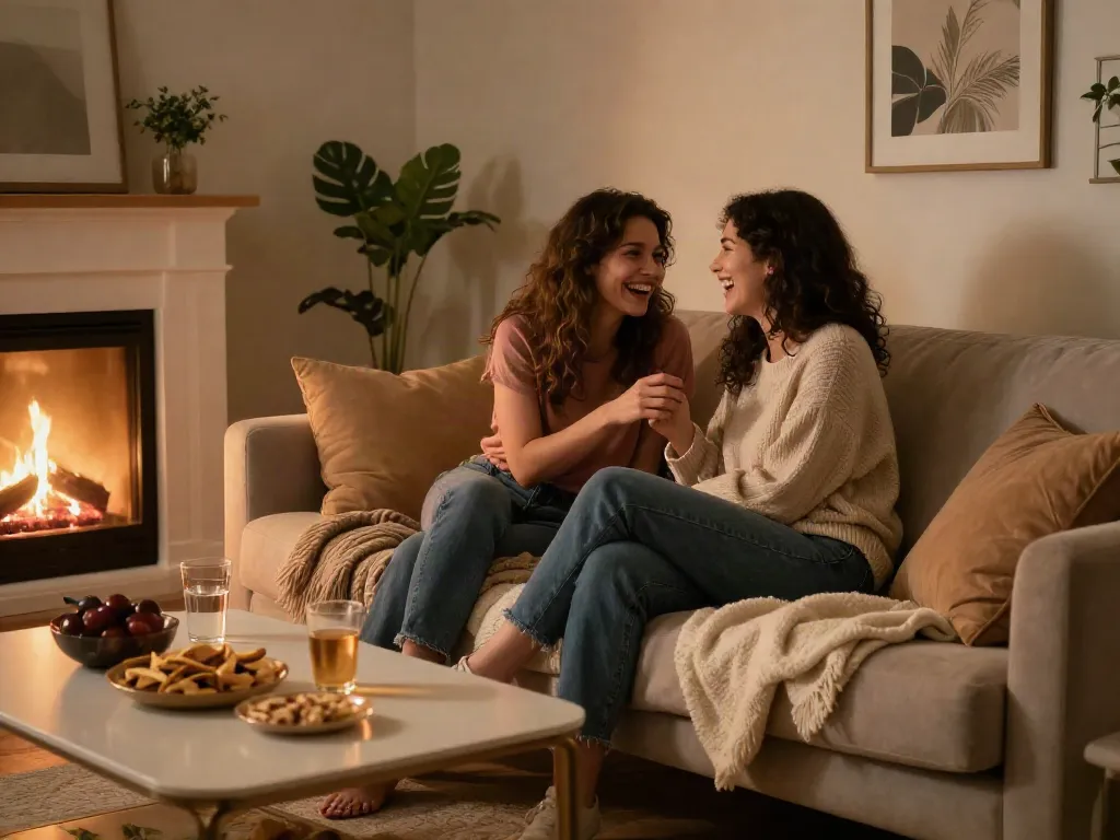 Emotional connection captured in a cozy living room scene of two women enjoying lesbian porn together.