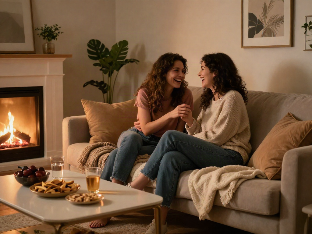 Emotional connection captured in a cozy living room scene of two women enjoying lesbian porn together.