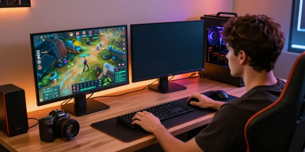 Engaged player at luxury333 gaming setup with vibrant monitors and stylish accessories