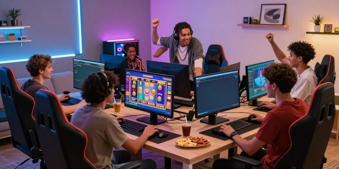 Exciting gaming night with friends enjoying toto slot online games in a cozy modern setup.