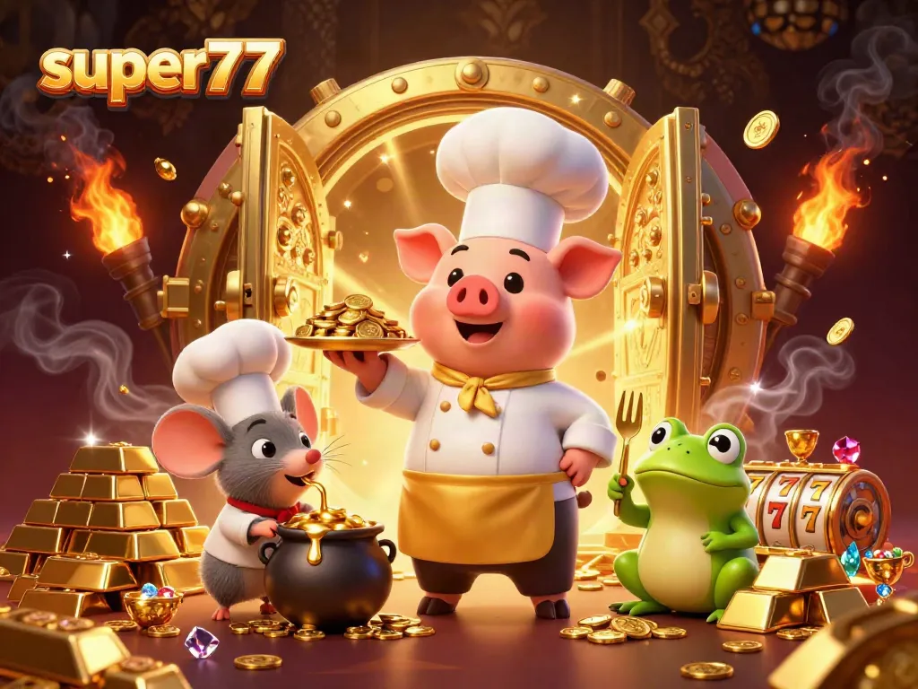 Experience the thrill of super77 casinos with a vibrant scene full of gold coins and characters.