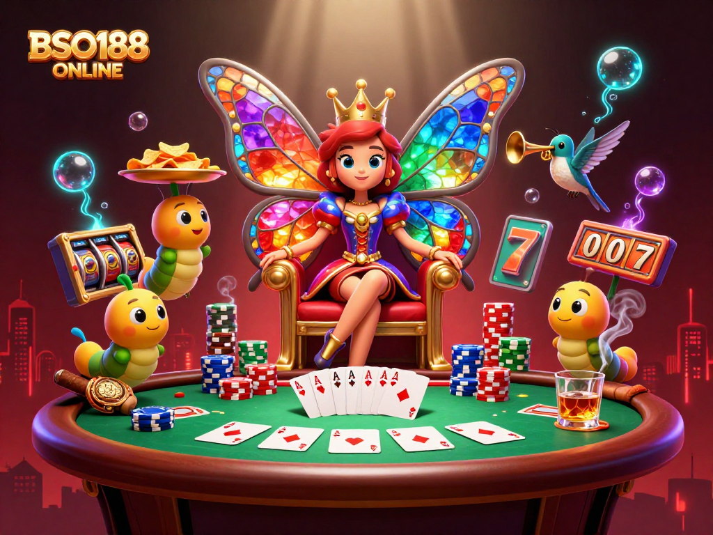 Experience thrilling gameplay with BSO188 ONLINE, featuring a vibrant casino scene with cards and chips.