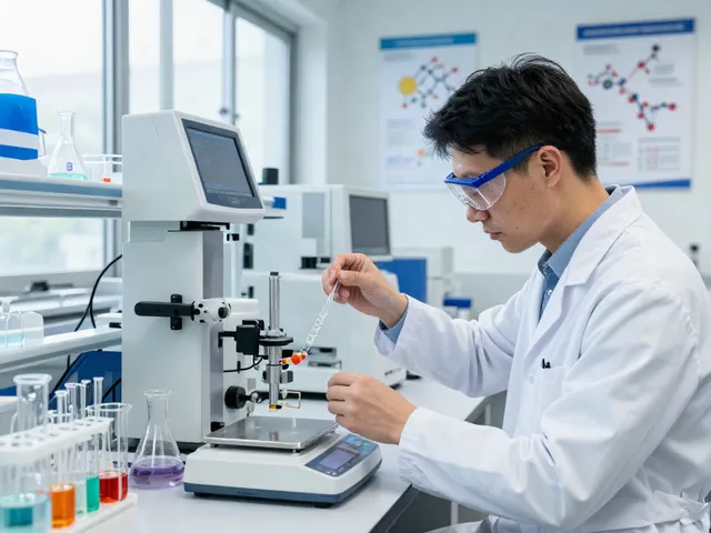 Skilled scientist synthesizing american made peptides in a high-tech laboratory setting.