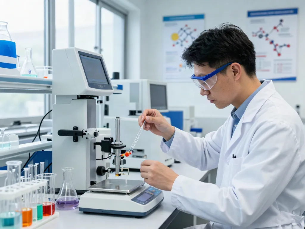 Skilled scientist synthesizing american made peptides in a high-tech laboratory setting.