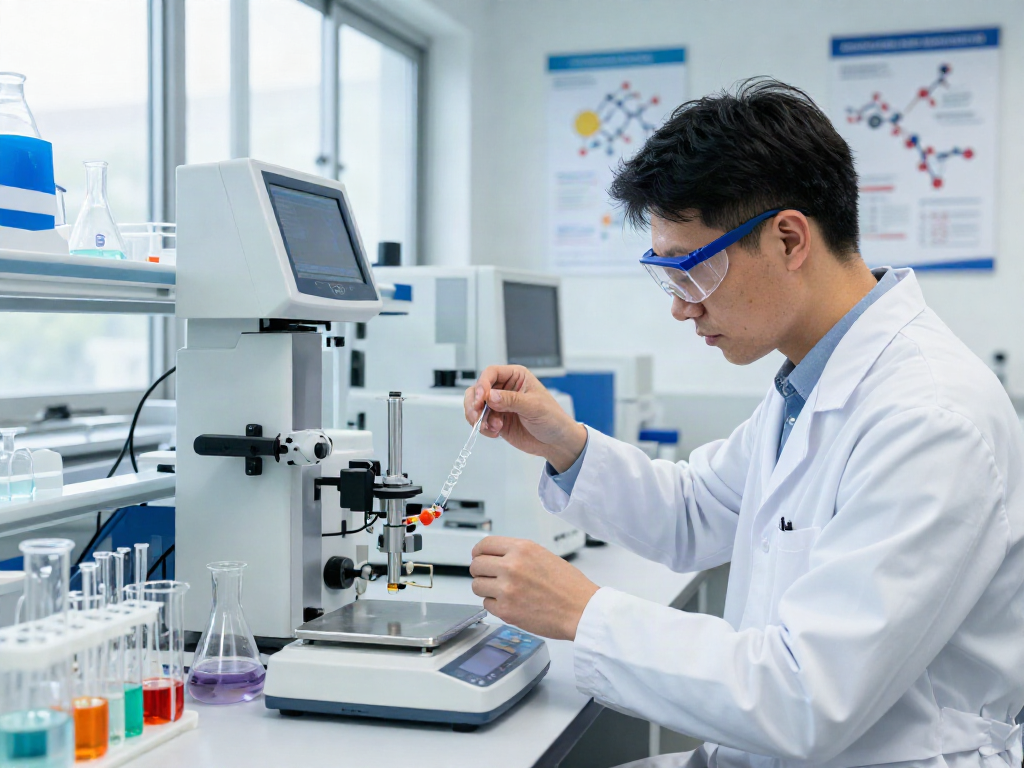 Skilled scientist synthesizing american made peptides in a high-tech laboratory setting.