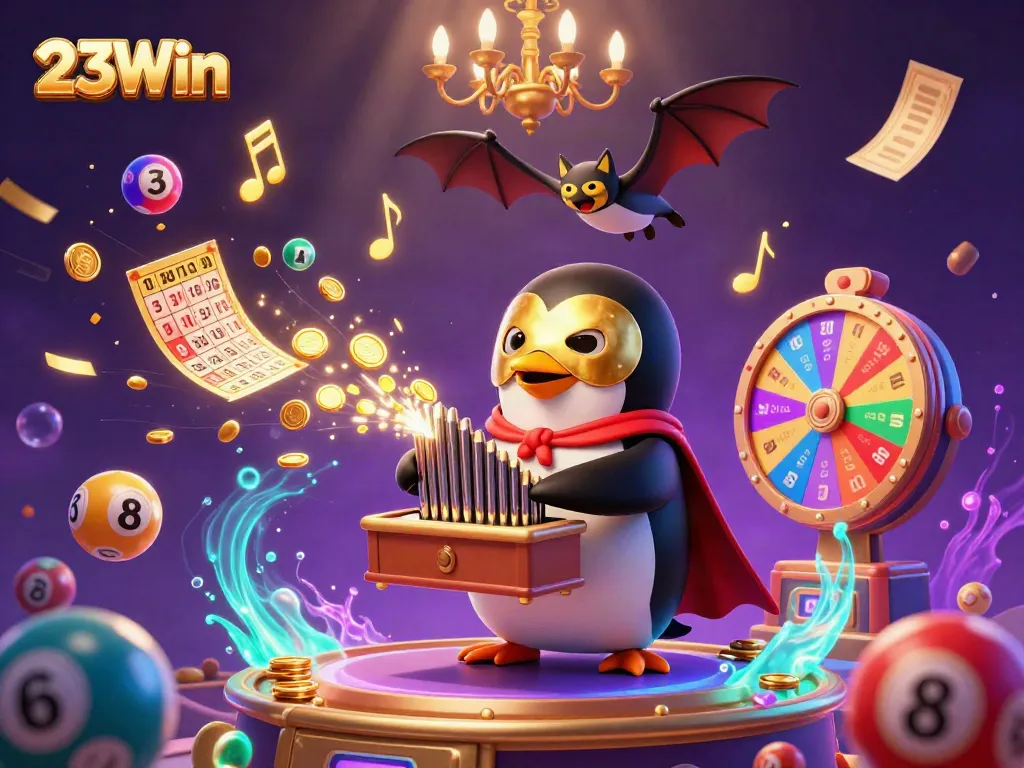 Engage with winning moments at 23Win, featuring a vibrant 3D casino scene filled with dynamic lottery elements.