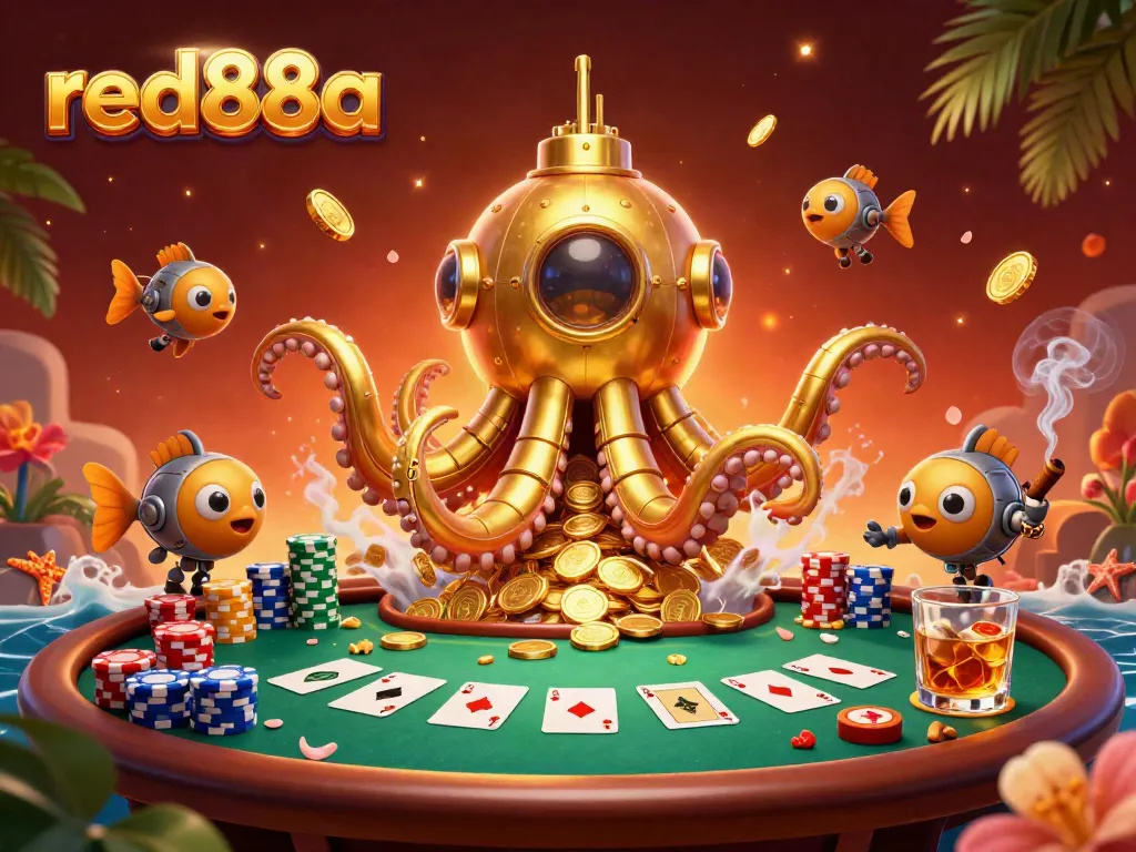 Experience exciting gameplay at red88a with cartoon kraken and poker elements in a vibrant casino scene.