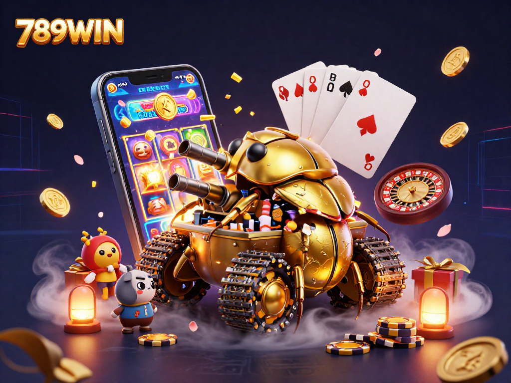 Experience the excitement of 789WIN with a dynamic digital casino scene filled with games and surprises.