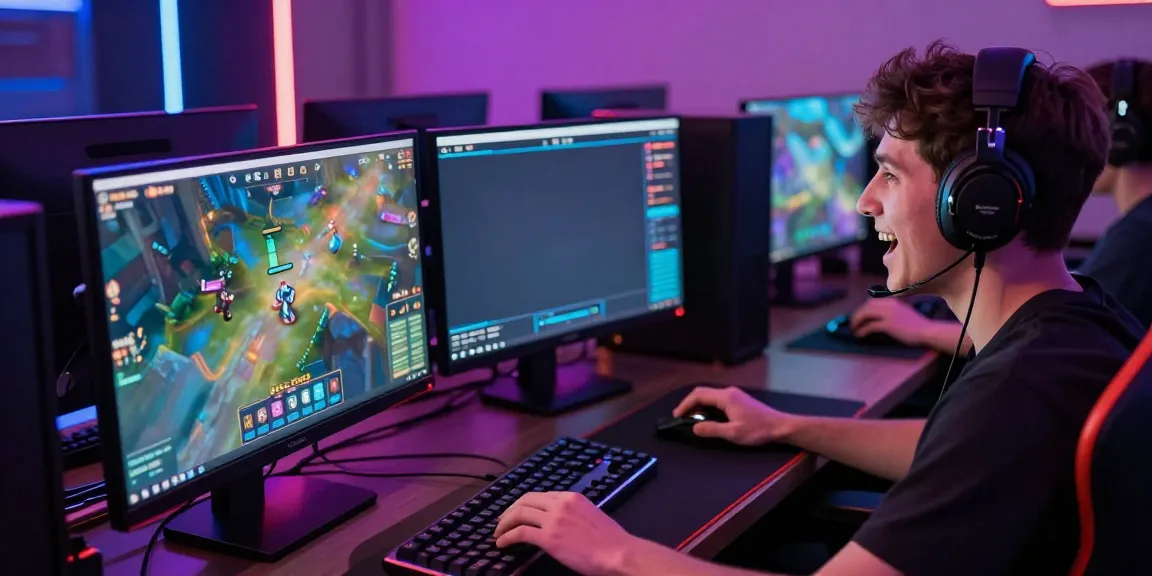 Excited player engaging in game online with colorful graphics and gaming setup.