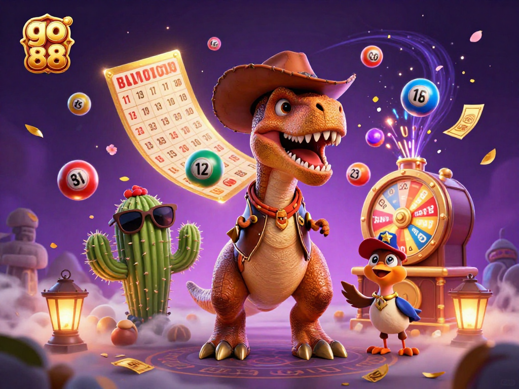 Experience the thrill of go 88 with a lively scene featuring a cowboy dinosaur, cactus, and roadrunner in a colorful lottery theme.